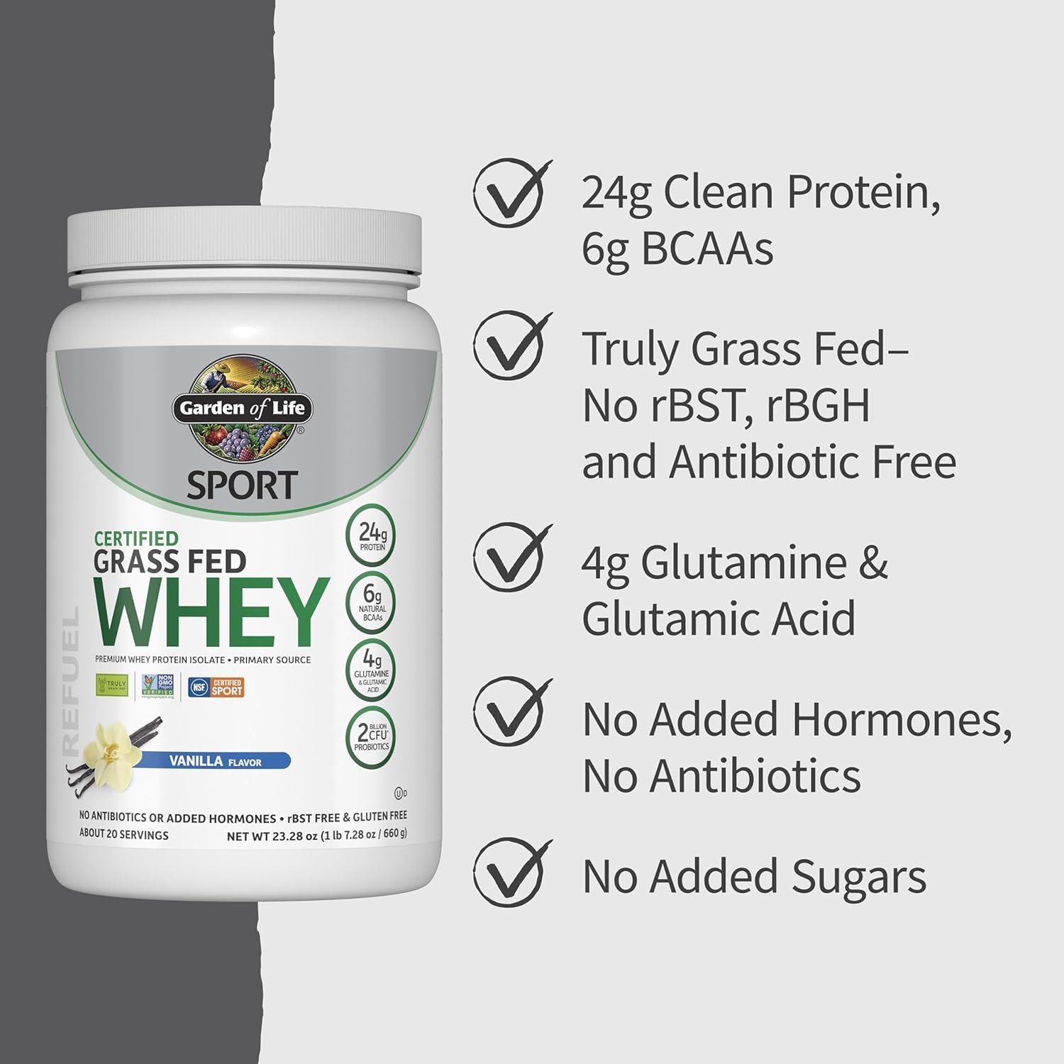 Garden of Life Sport Whey Vanilla, Grass Fed Isolate 24g Prot Probiotics 20 Serv
