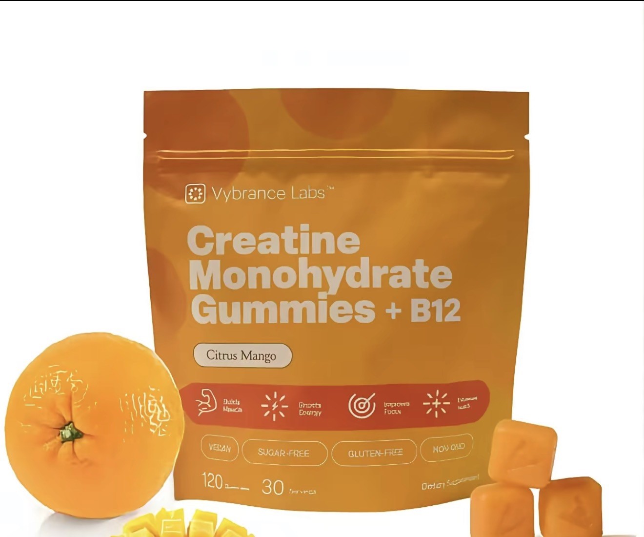 VYBRANCE LABS Creatine Monohydrate Gummies 5g + B12 Taurine Citrus Mango