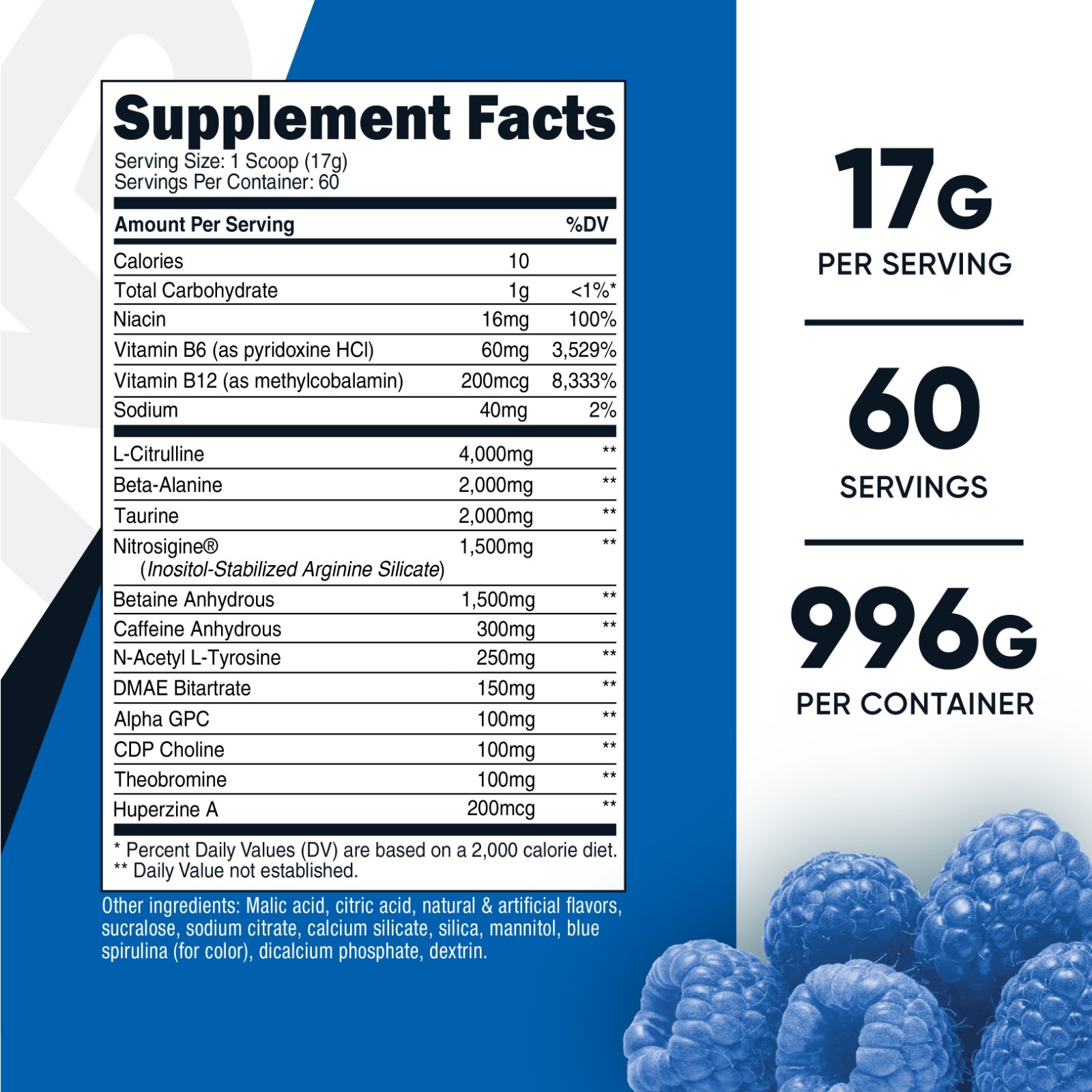 Nutricost Pre-X, Xtreme Pre-Workout Complex Powder, Blue Raspberry, 60 Servings
