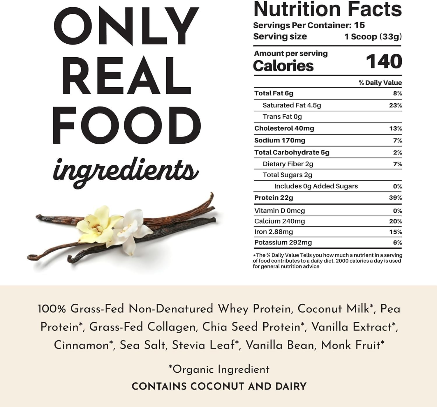 JUST Ingredients Vanilla Bean Protein Powder Casein Free 22g 15 Servings 17.46oz