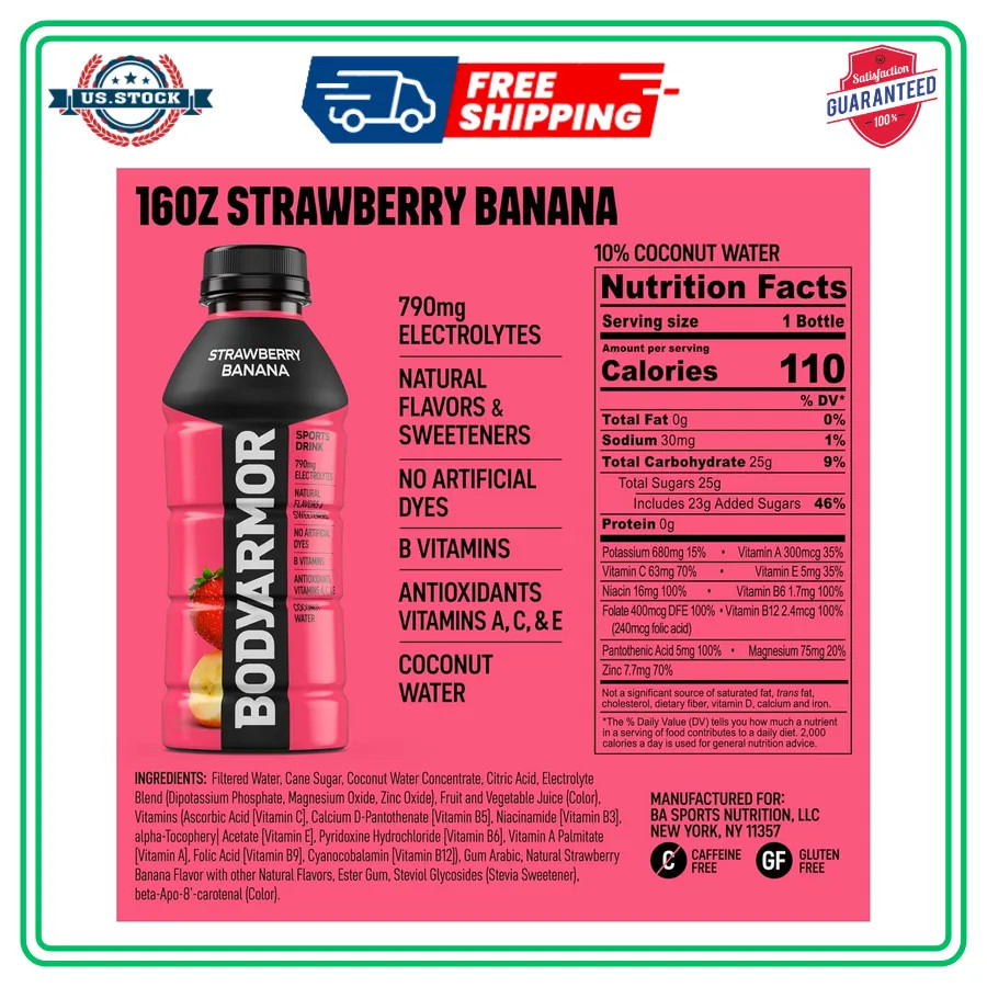 BODYARMOR Sports Drink Strawberry Banana 16 Fl Oz Bottles 12 Pack Hydration