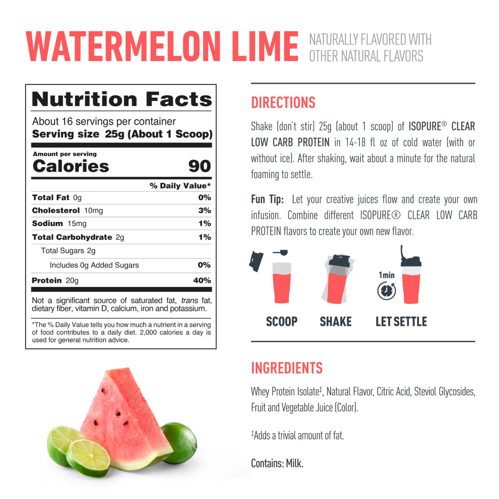 Isopure Clear Low Carb 100% Whey Protein Isolate Powder, Watermelon Lime, 14 Oz
