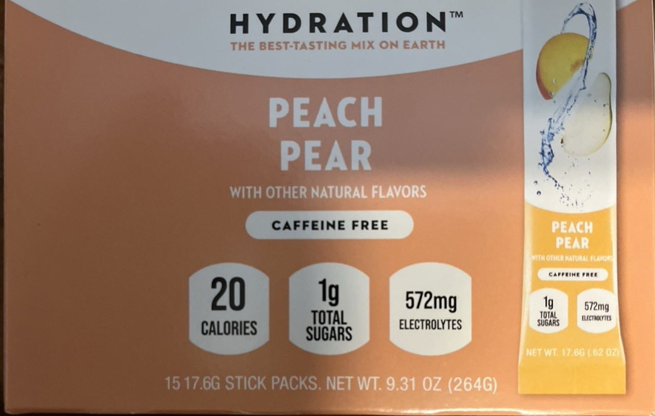 O2 Hydration Sticks Peach pear 572 elec. 1g sugar 20 cal. 0 caffeine Box of 240
