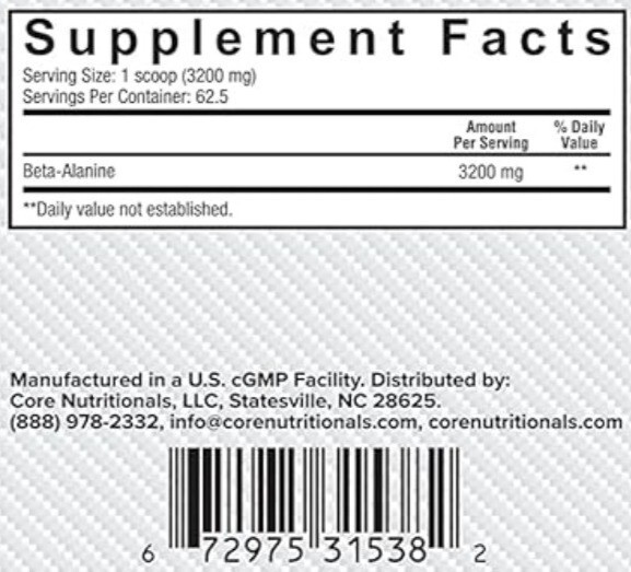 Core Nutritionals Beta Alanine Daily Muscle Building and Recovery -62 Servings