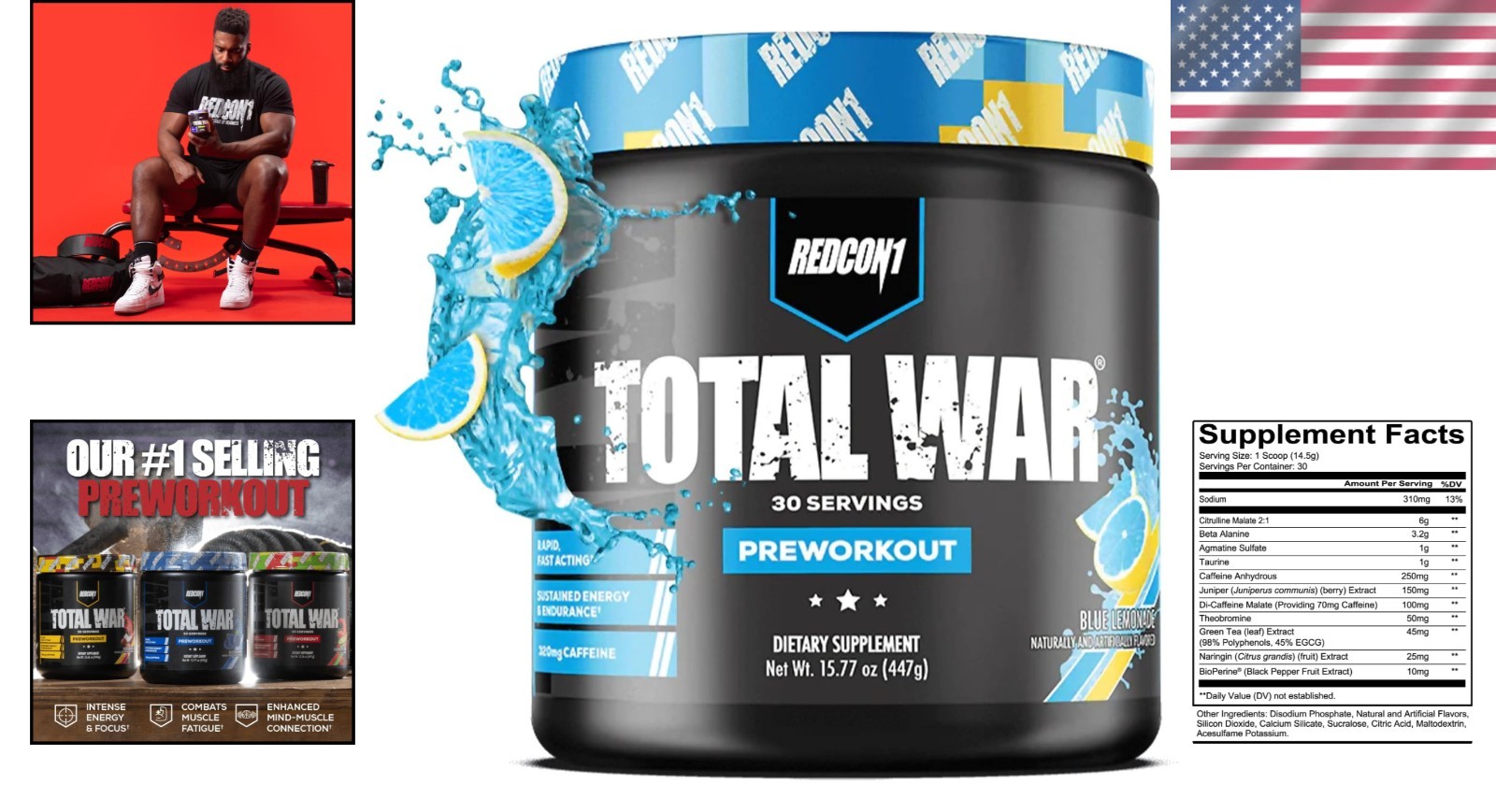 Total War Pre Workout – Blue Lemonade Flavor, 320mg Caffeine, 30 Servings