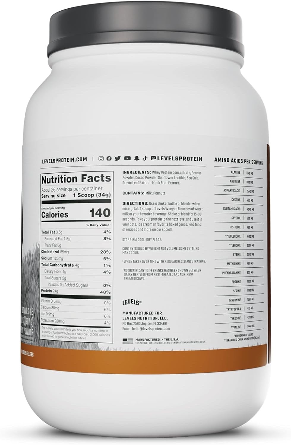 Levels Grass Fed Whey Protein Powder, 24G of Protein, Chocolate Peanut B, 2LB