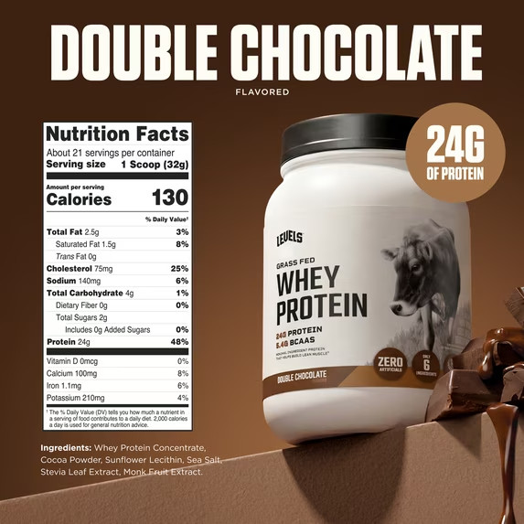 Levels Grass Fed Whey Protein Powder, 24G of Protein, Double Chocolate