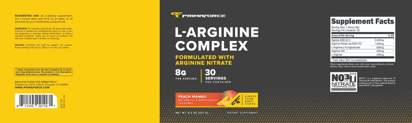 PrimaForce L-Arginine Complex Powder (30 Servings Per Bottle) (Peach Mango)
