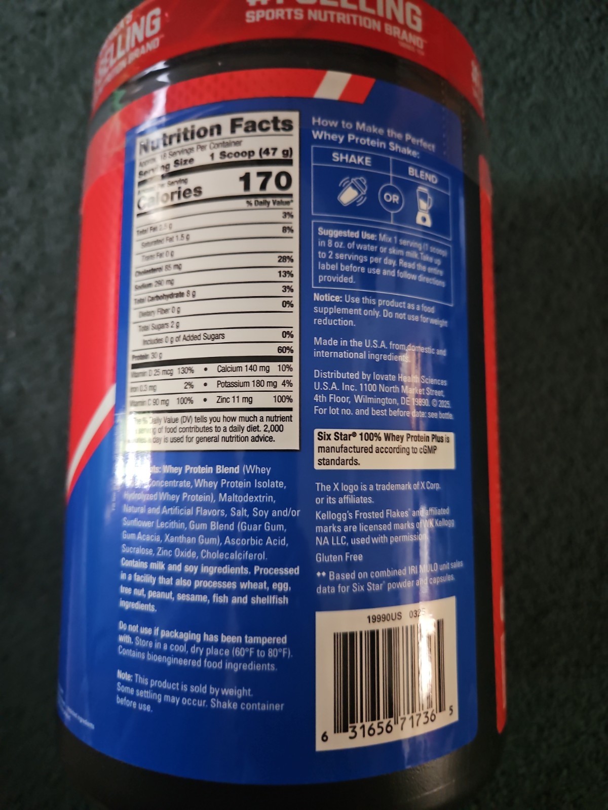 Six Star 100% Whey Protein Plus Kelloggs Frosted Flakes 1.81 lbs EXP 12-9-28