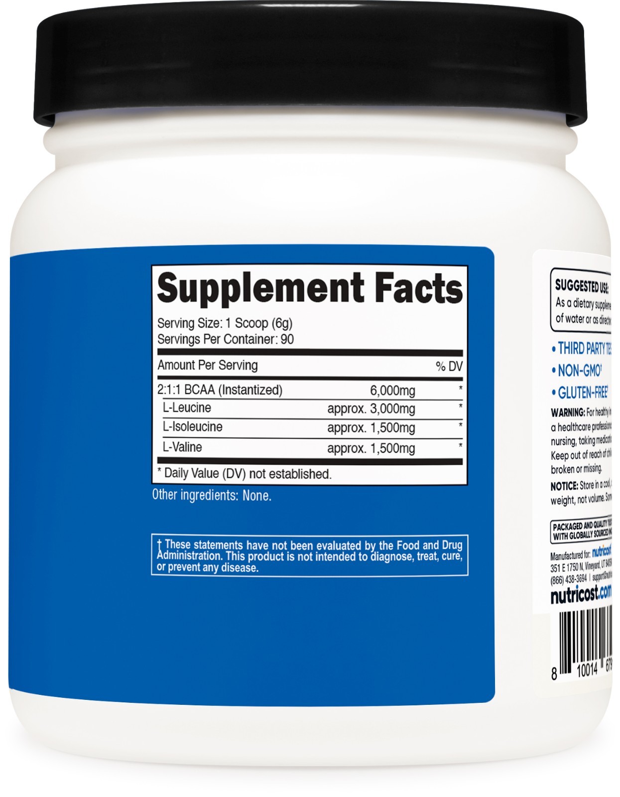 Nutricost BCAA Powder 90 Servings (Unflavored) – 6000mg Per Serving