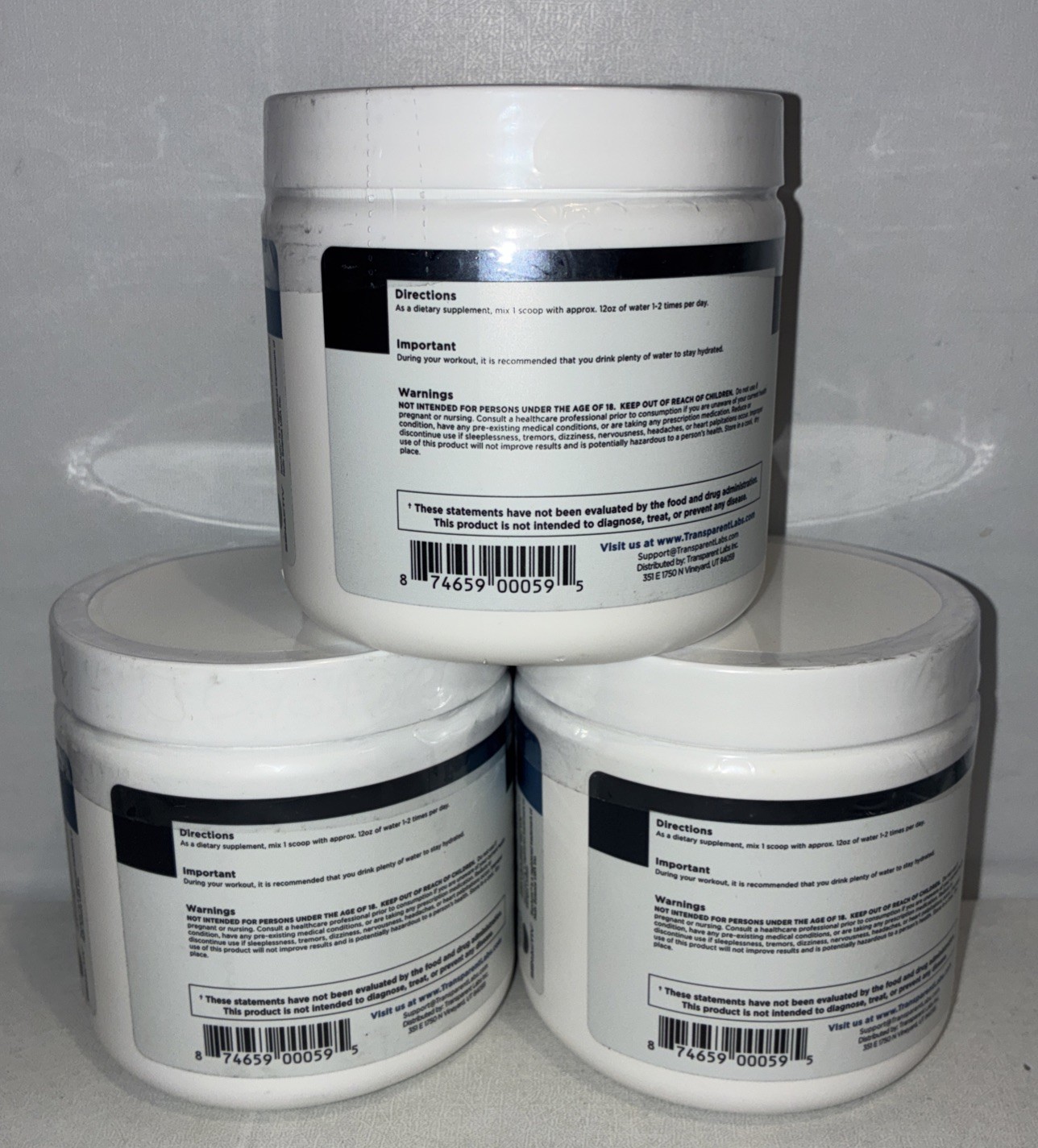 Lot Of 3-Transparent Labs Hydrate Electrolyte Formula Peach Mango/40 Servings Ea