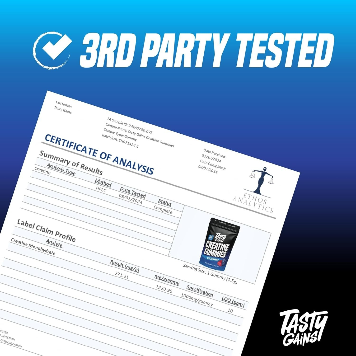 TASTY GAINS Creatine 90 Gummies – 90g of Creatine Monohydrate Blue Raspberry
