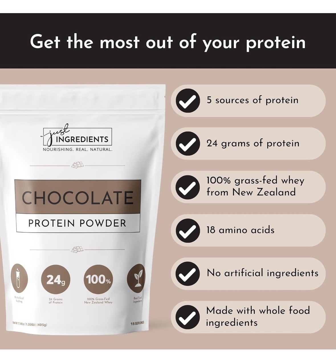 Just Ingredients Protein Powder Chocolate | 24g Protein | 15 Servings
