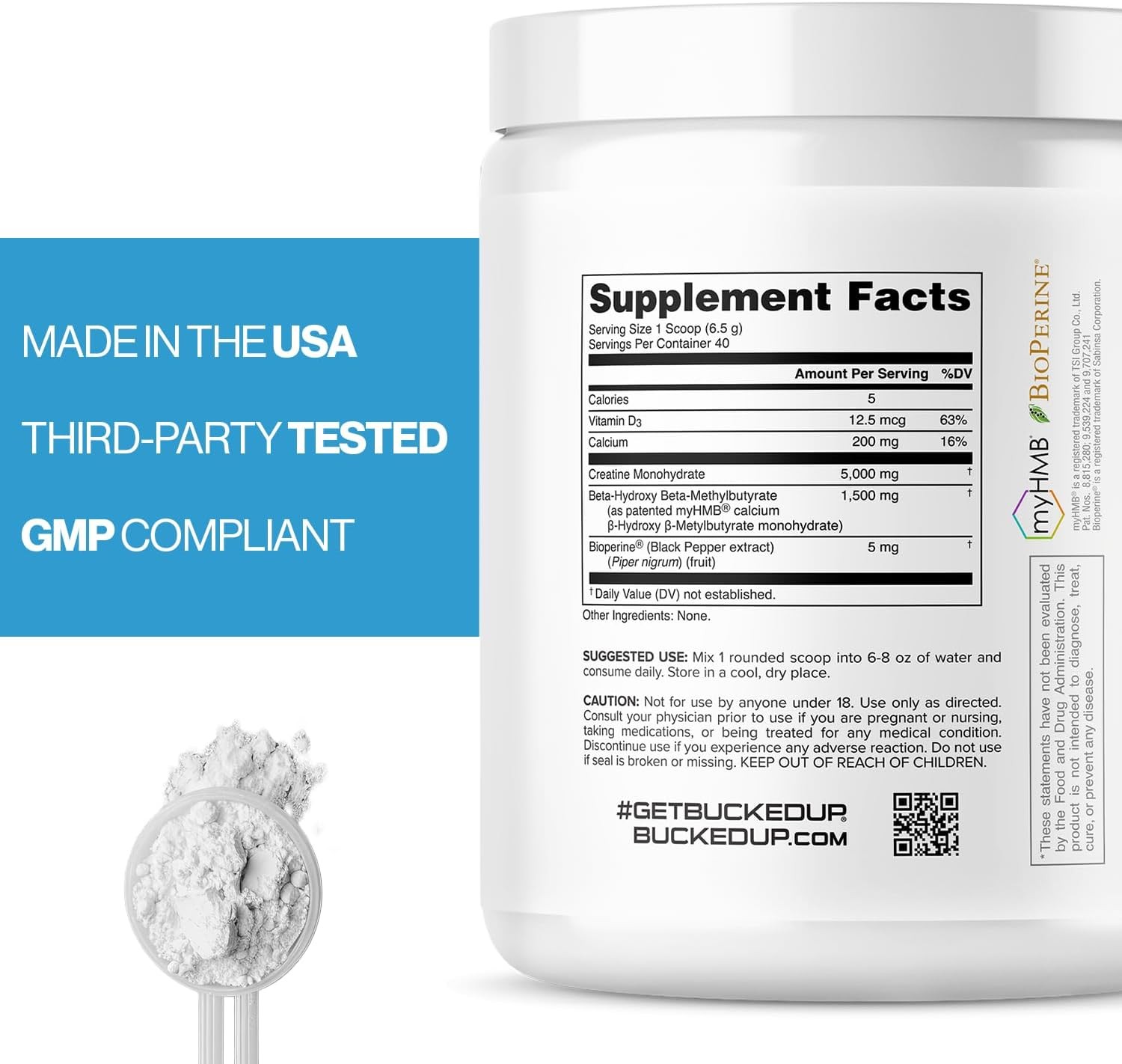 Bucked Up Creatine HMB Powder 40 Servings Unflavored 5g Creatine + myHMB