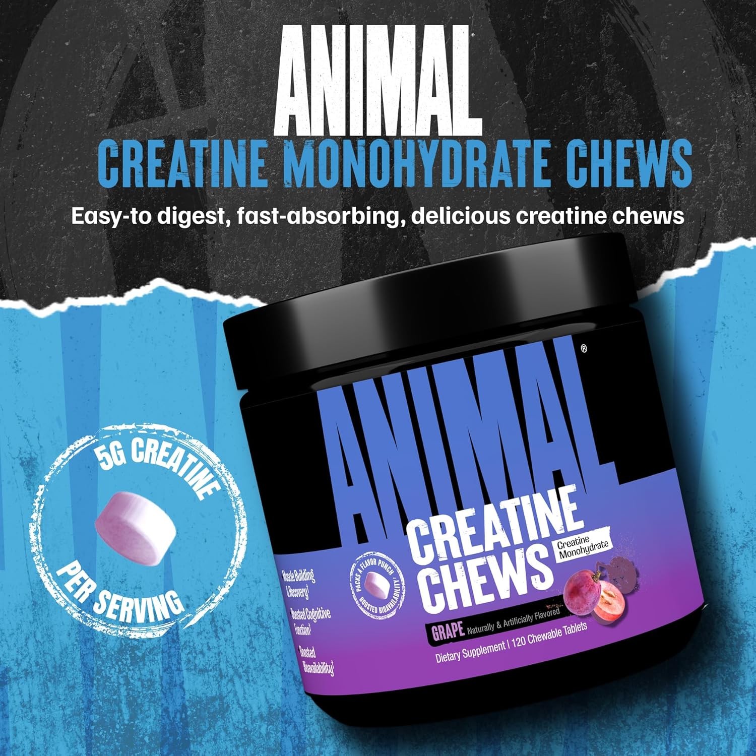 Animal CREATINE CHEWS – 5Gm Performance Creatine Monohydrate 120 Chewable Tablet