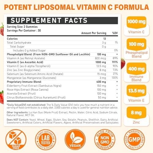 Liposomal Vitamin C Gummies 1000mg for Adults: Vitamin C Chewable Gummy with Zin