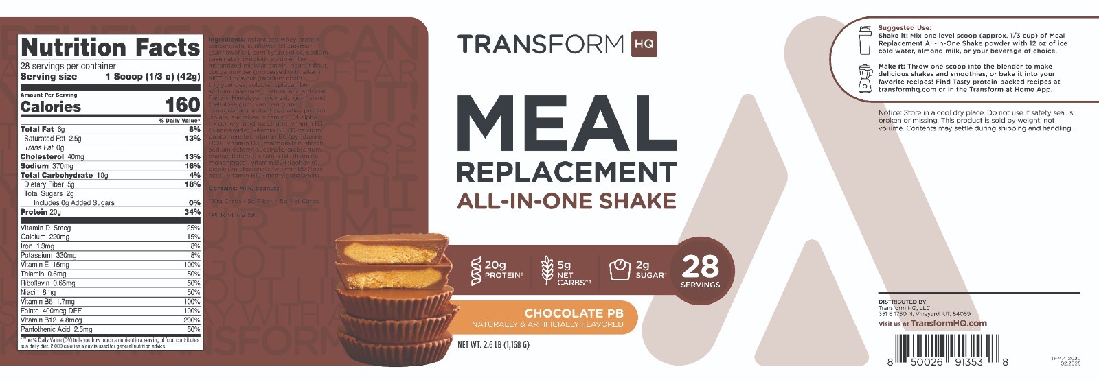 TransformHQ Meal Replacement Shake Powder 28 Servings (Chocolate Peanut Butter)