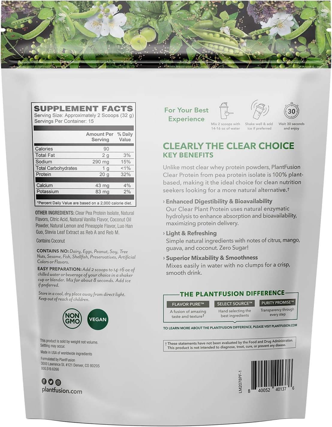 Vegan Clear Protein Powder with Pea Protein Peptides – 20G Fast-Absorbing in Wat