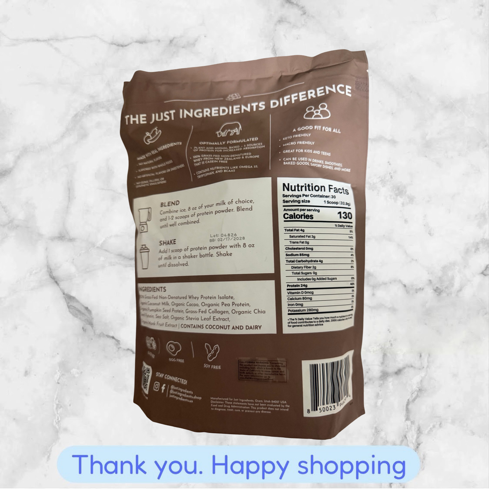 Just Ingredients Protein Powder Chocolate | 24g Protein | 30 Servings NEW SHIP
