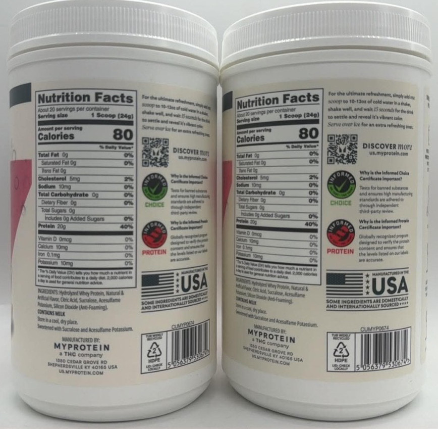 2PK MyProtein Clear Whey Isolate Zero Sugar~ Peach Mango ~ 1.1 LB EA~ EXP 12/26+