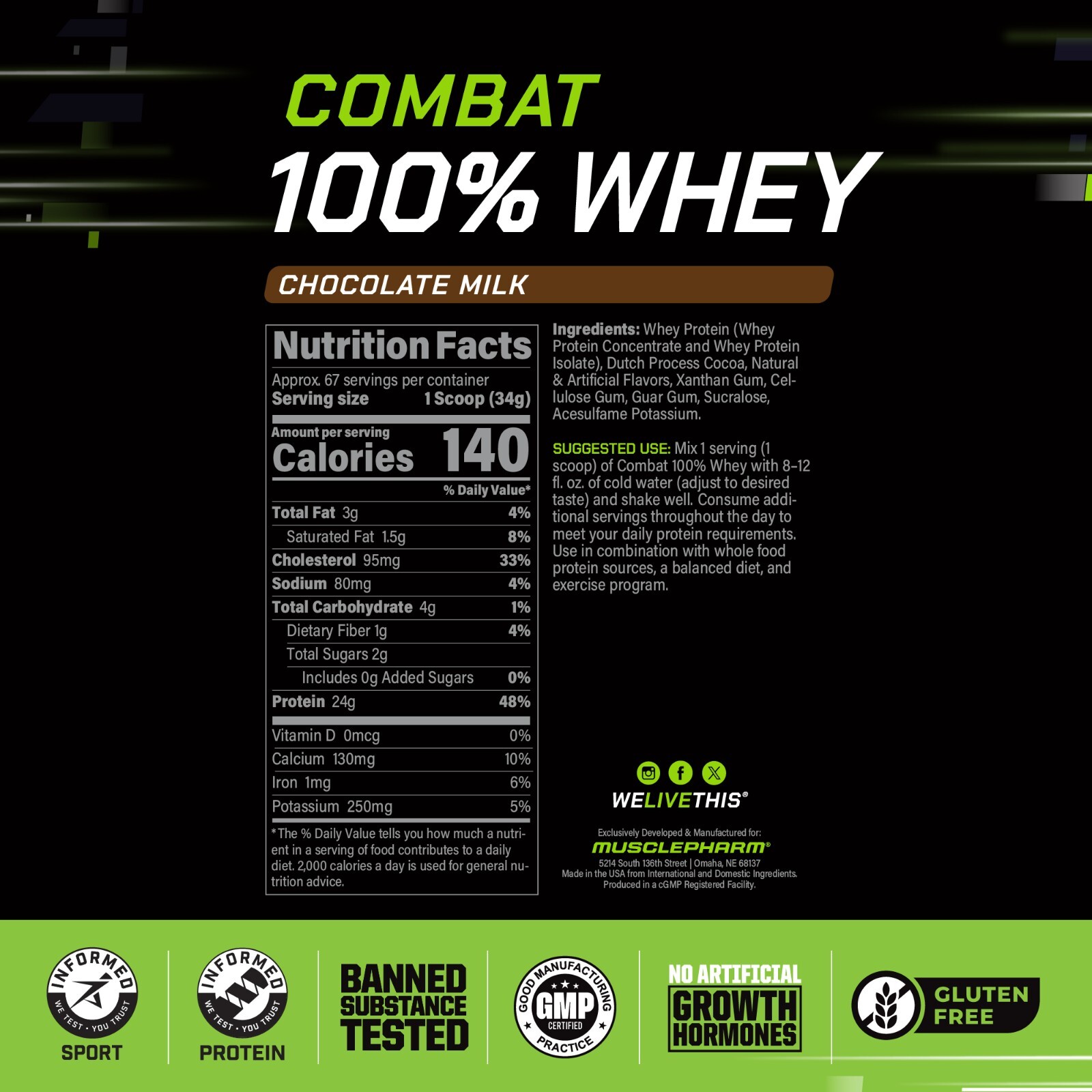MusclePharm Combat 100% Whey Protein Powder – 5 lb, 70 Servings, Chocolate Milk
