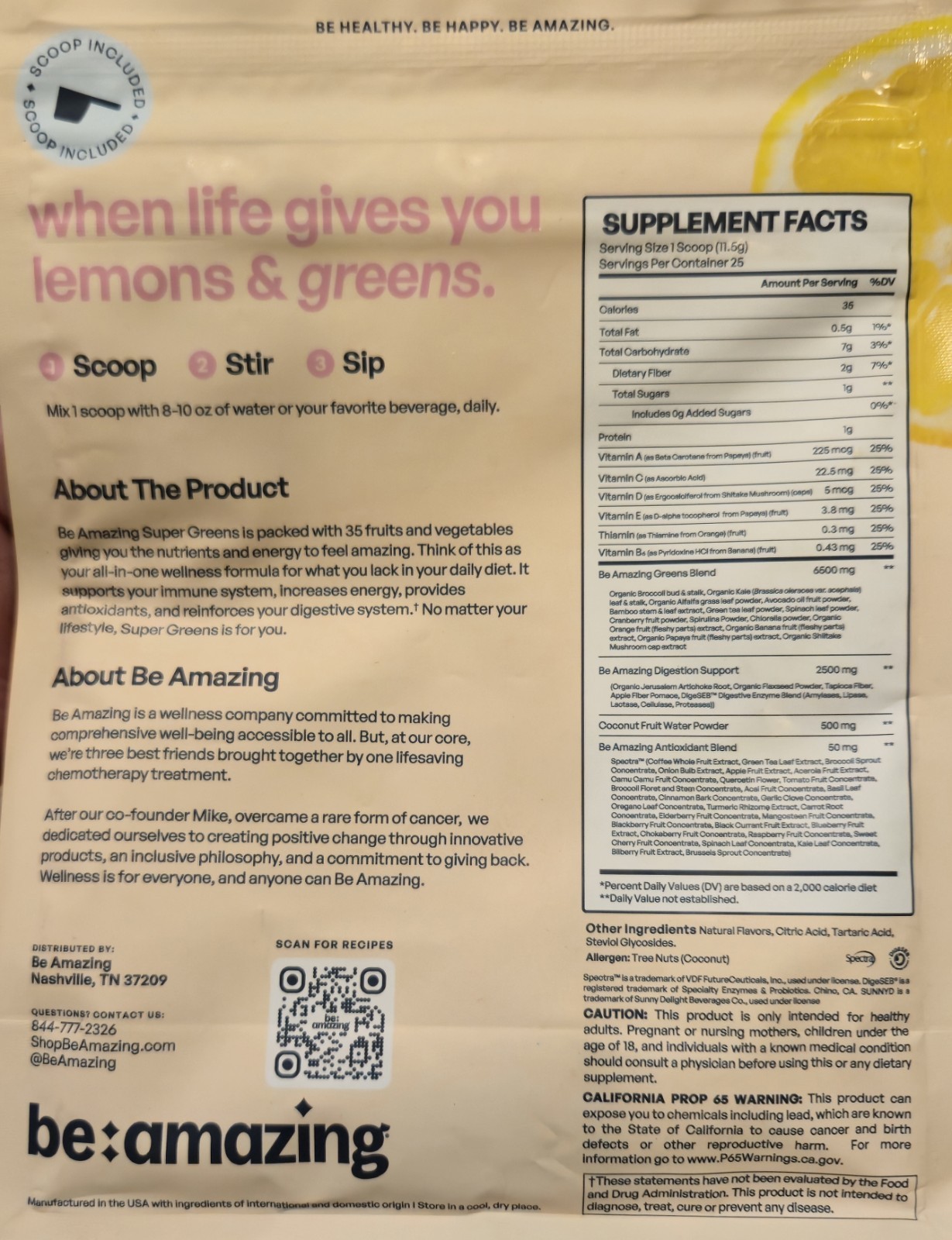 BE Amazing SUPER GREENS Powder 11 oz ( 25 Serv ) Natural Pink Lemonade 10/26