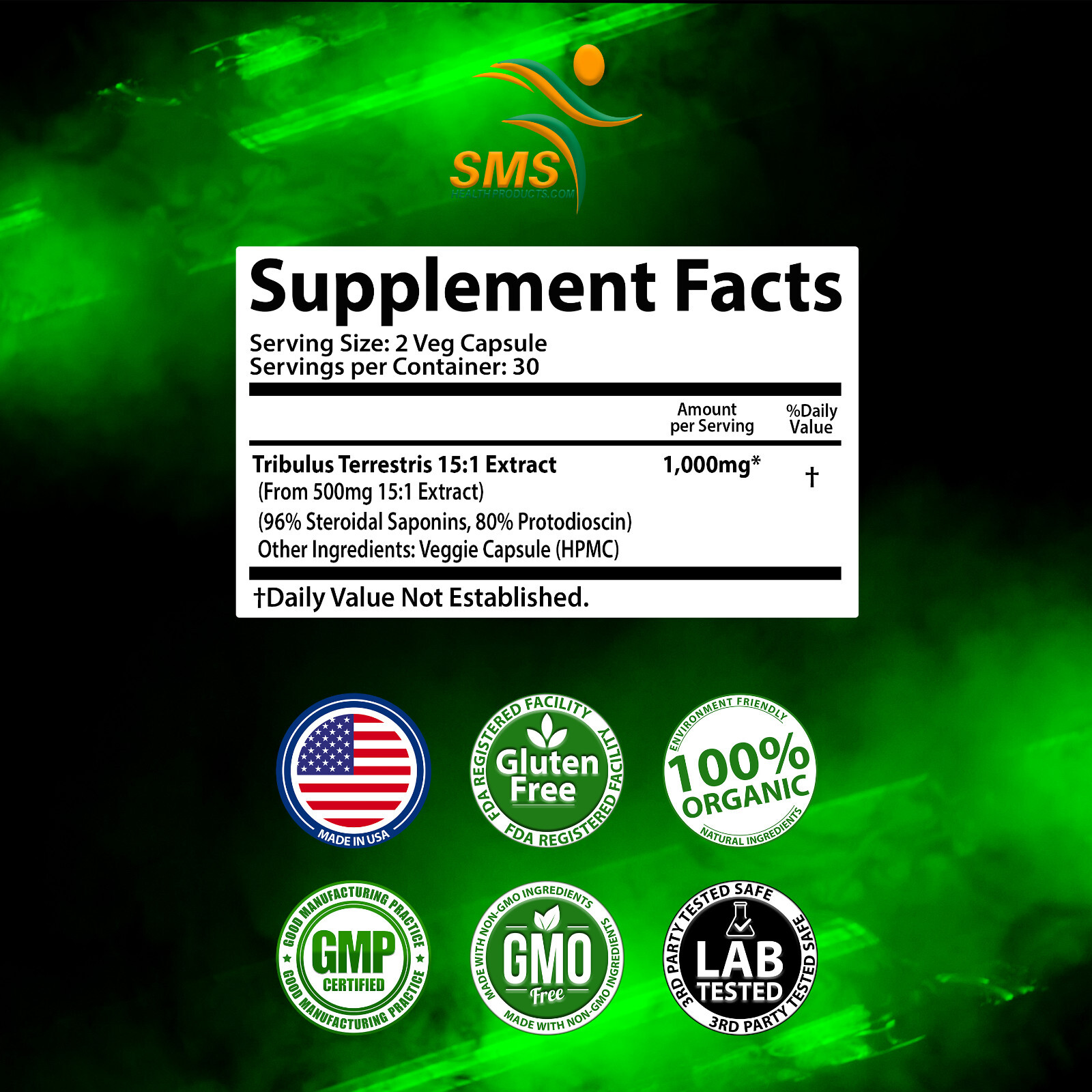 TRIBULUS TERRESTRIS 180 Caps 96% SAPONINS 7500mg Organic Fitness Supplement