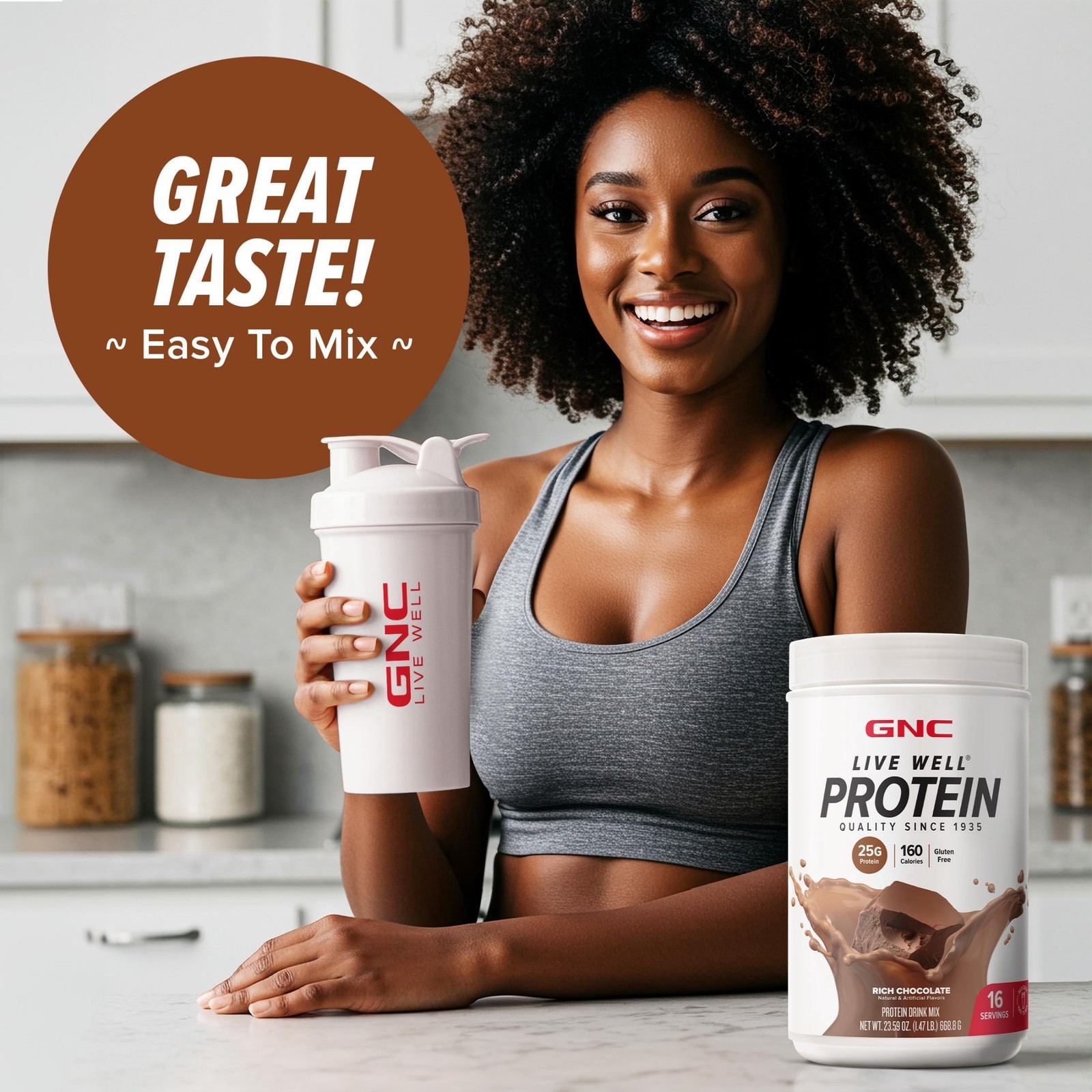 GNC Live Well Protein Powder, 25g Whey Protein, Rich Chocolate, Gluten Free, No