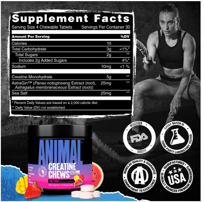 Animal Creatine Chews 5g Creatine Monohydrate Fruit Punch 30 Count