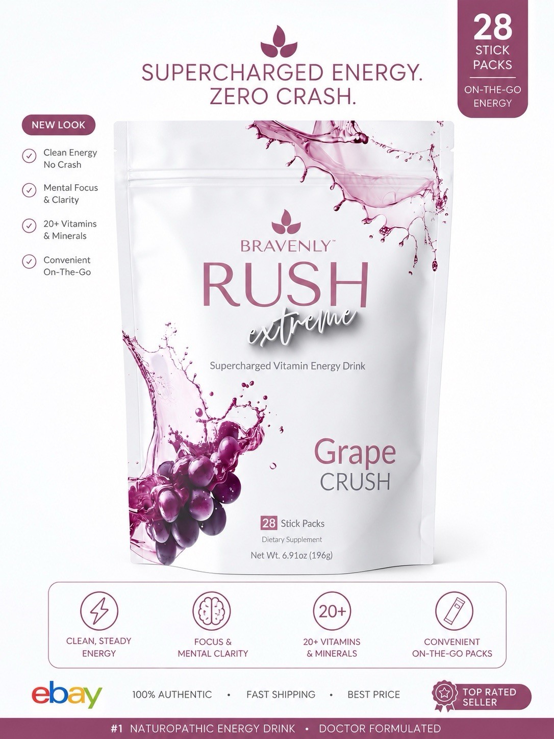 Bravenly Global Grape Rush Extreme Supercharged Vitamin Drink 28 Sticks Packs
