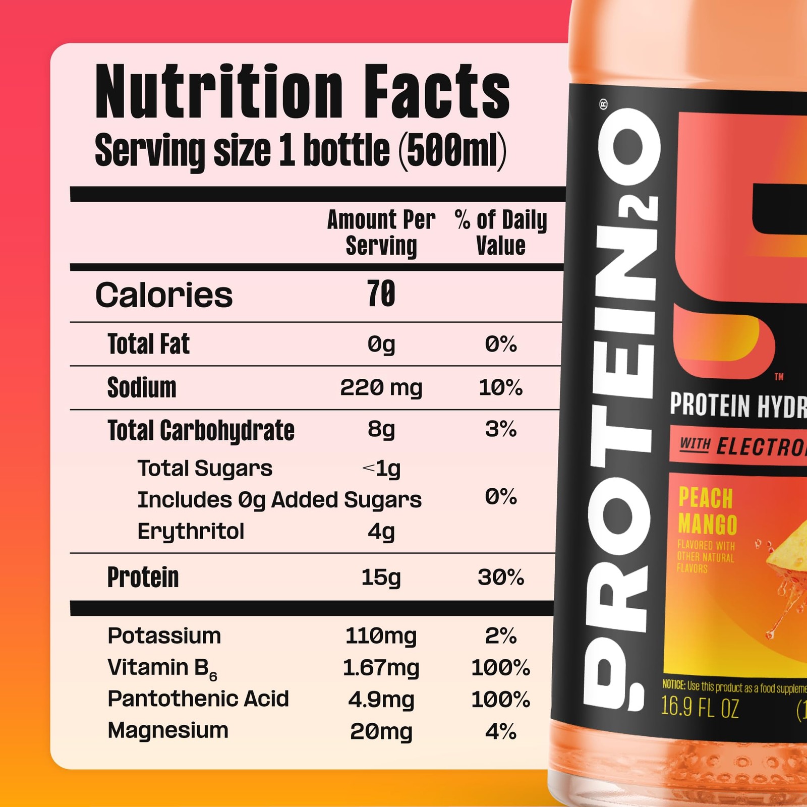 Protein2o 15g Whey Protein Infused Water, Peach 16.9 Fl Oz (Pack of 12)