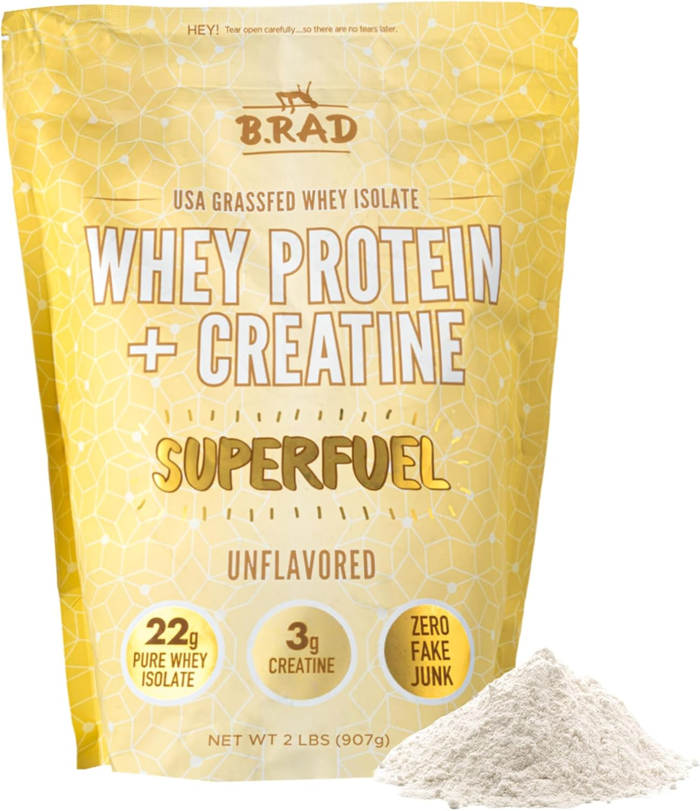 Whey Protein Isolate with Creatine, Grass Fed USA Sourced, Unflavored, 2 lb, 32