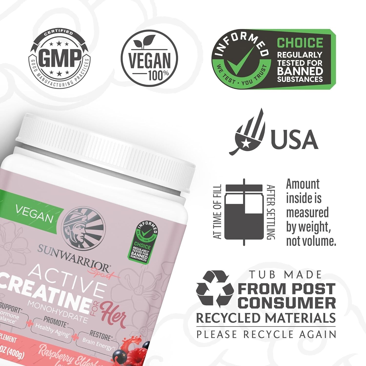 Sunwarrior Creatine for Women Monohydrate Powder Micronized PreWorkout 14.1 oz