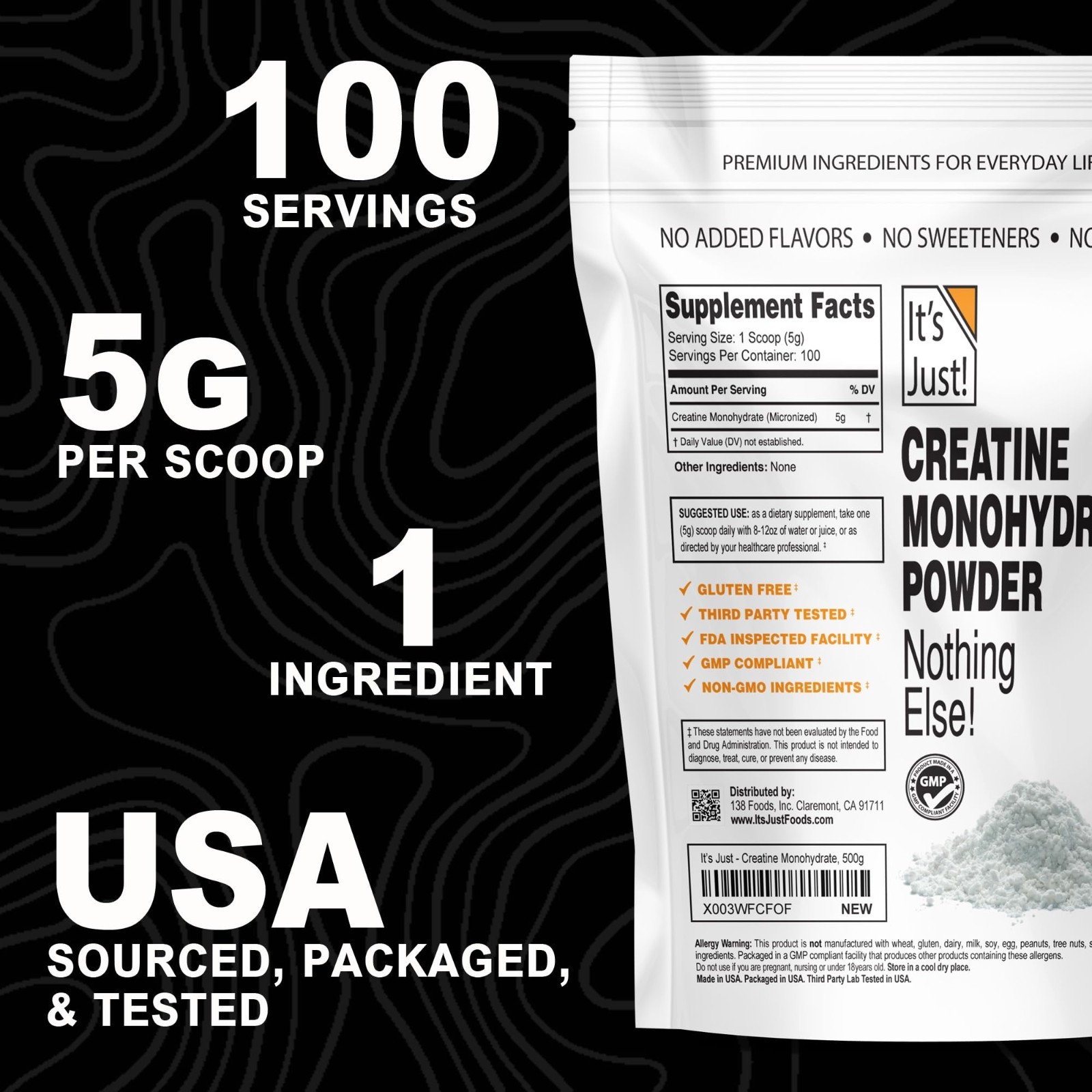 Pure Creatine Monohydrate Powder – 5g/Serving, Unflavored, 500g, Lab Tested, No