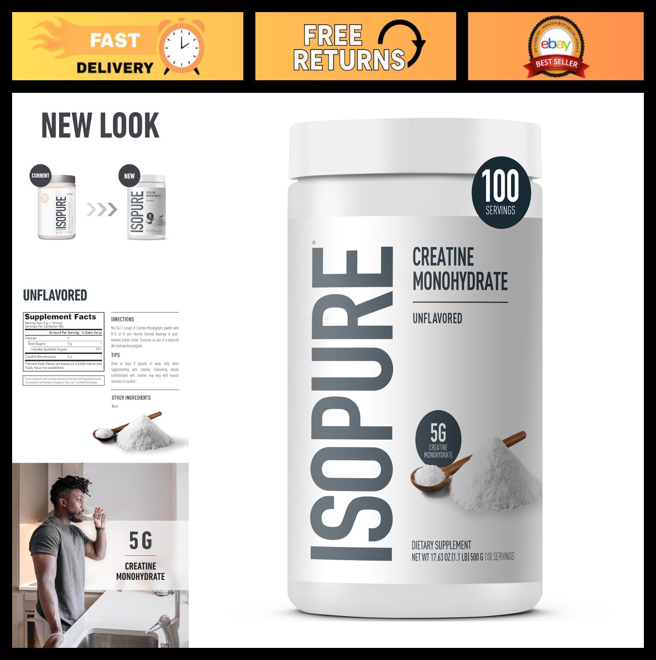 100% Pure Creatine Monohydrate Powder – Sugar Free, Unflavored, 5g per Serving,