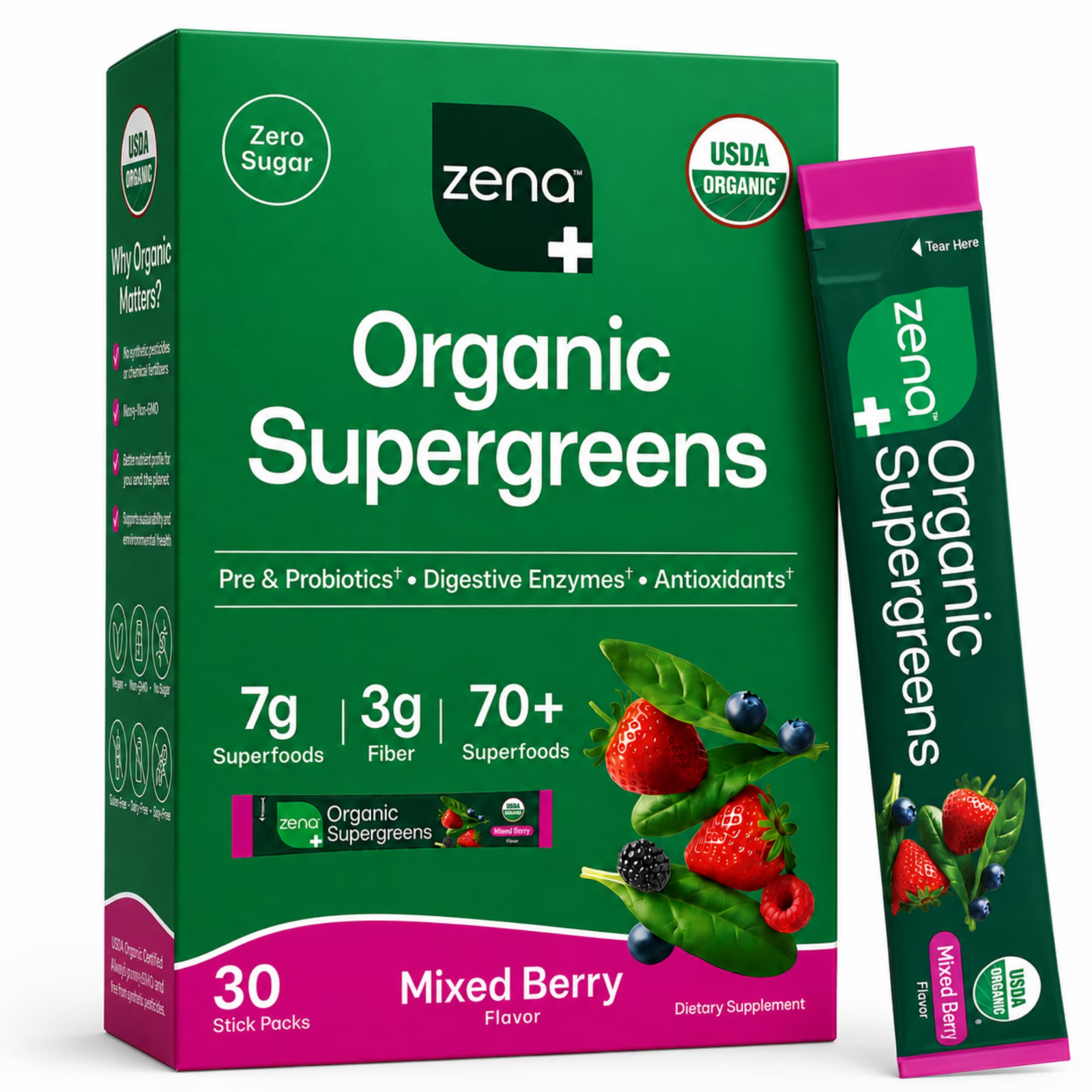 Zena Organic Supergreens Powder, Mixed Berry, 30 Servings 70+ Superfoods, 0Sugar