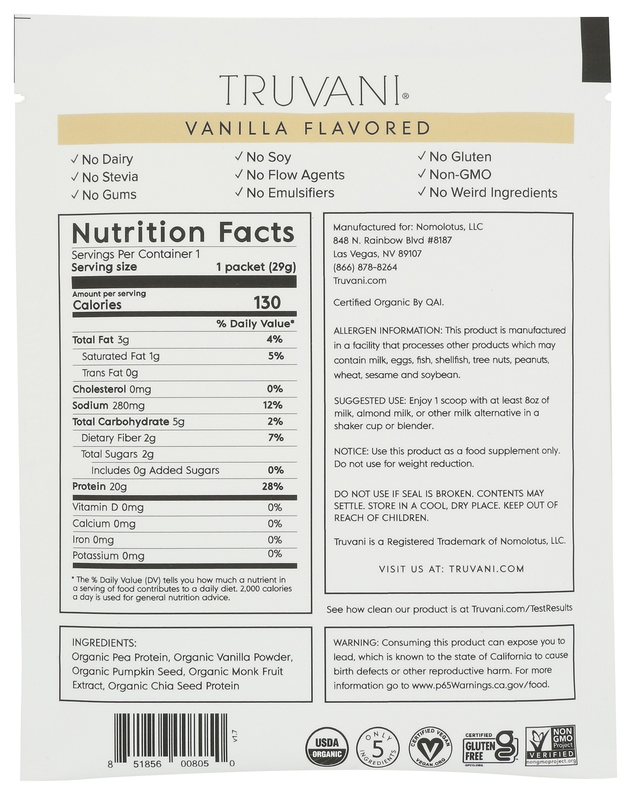 Truvani Vanilla Plant Based Protein Powder 1 Pack