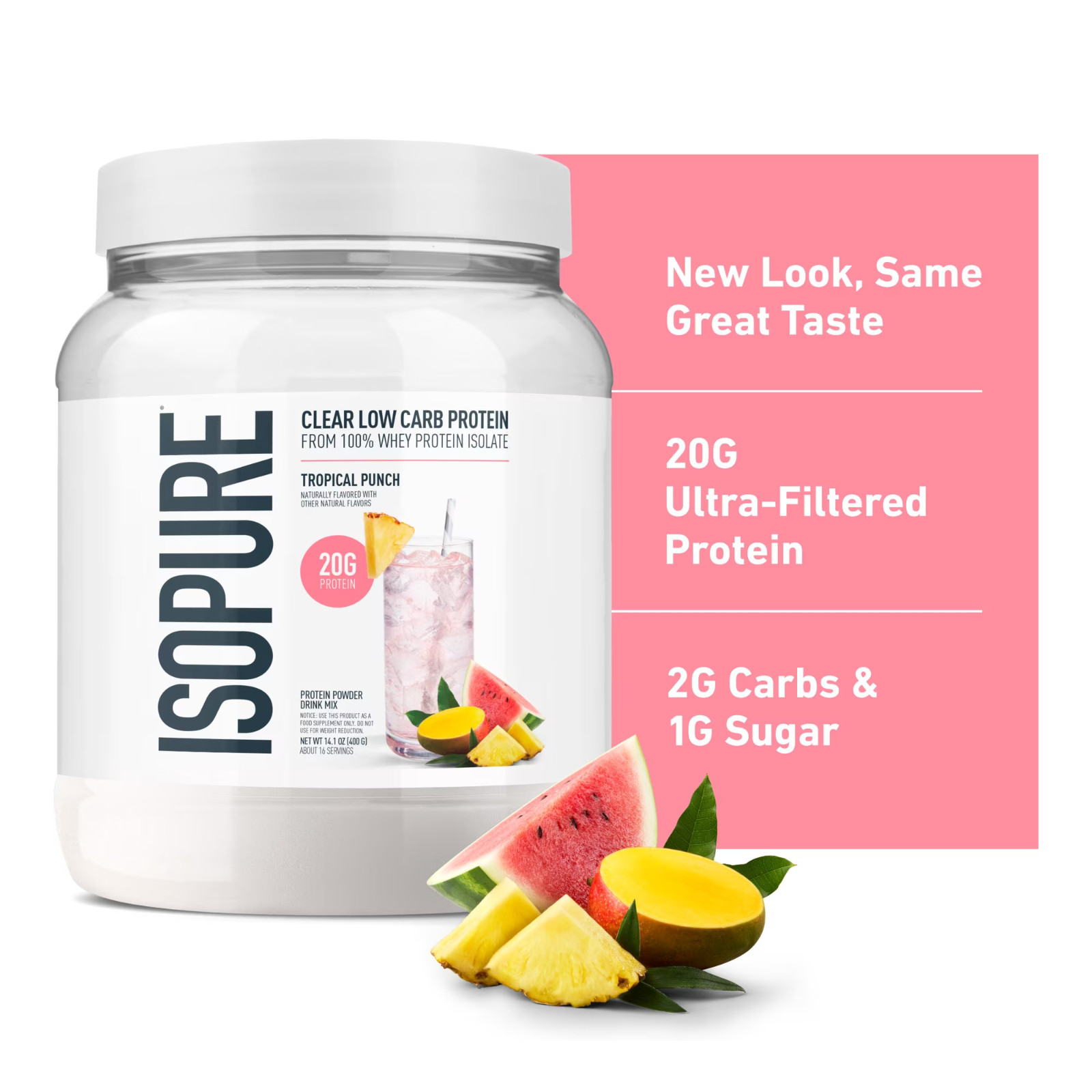 Isopure Clear Low Carb 100% Whey Protein Isolate Powder, 20g Protein,16 Servings