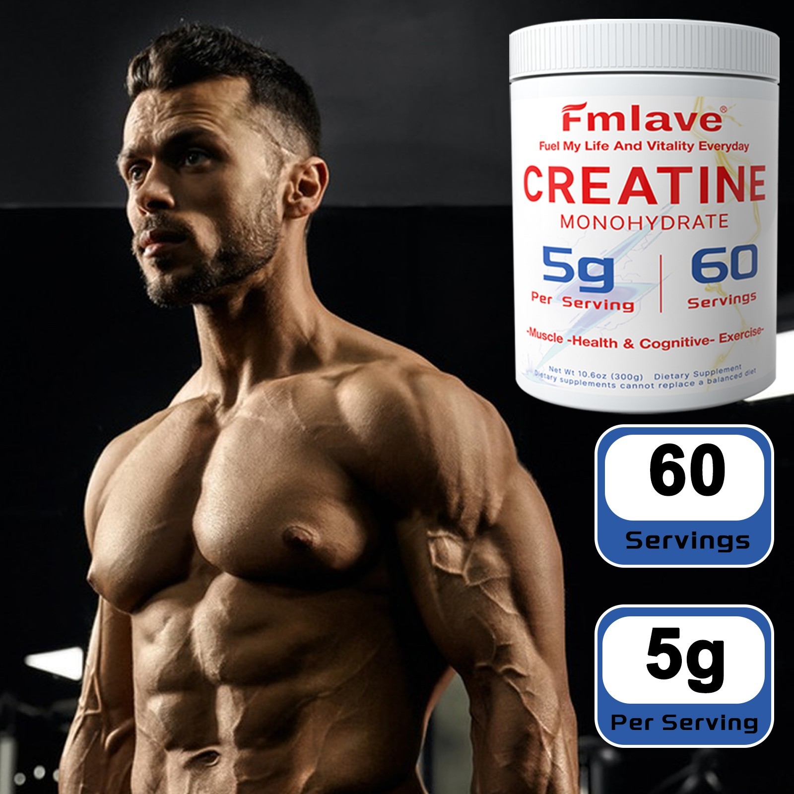 Fmlave Creatine Monohydrate 5g Micronized Creatine 10.58oz – 60 Serving Non-GMO