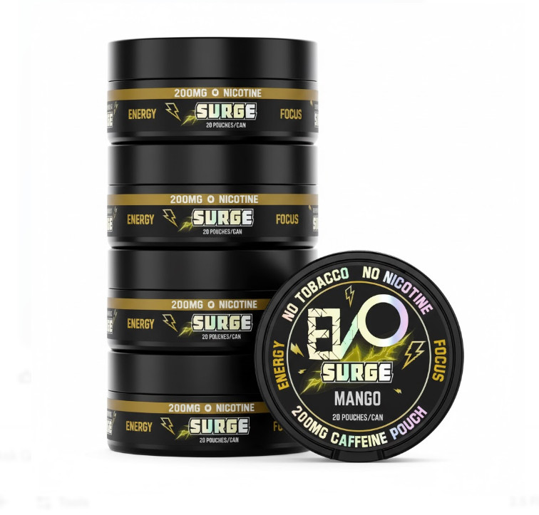 EVO Surge 200mg Caffeine Pouches – 5 Pack (20 Count/Can) – MANGO