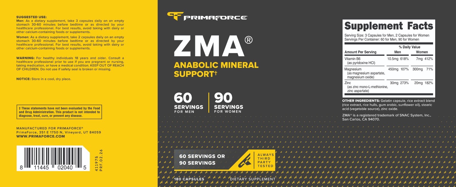 PrimaForce ZMA Dietary Supplement, 180 Capsules, Non-GMO & Gluten-Free