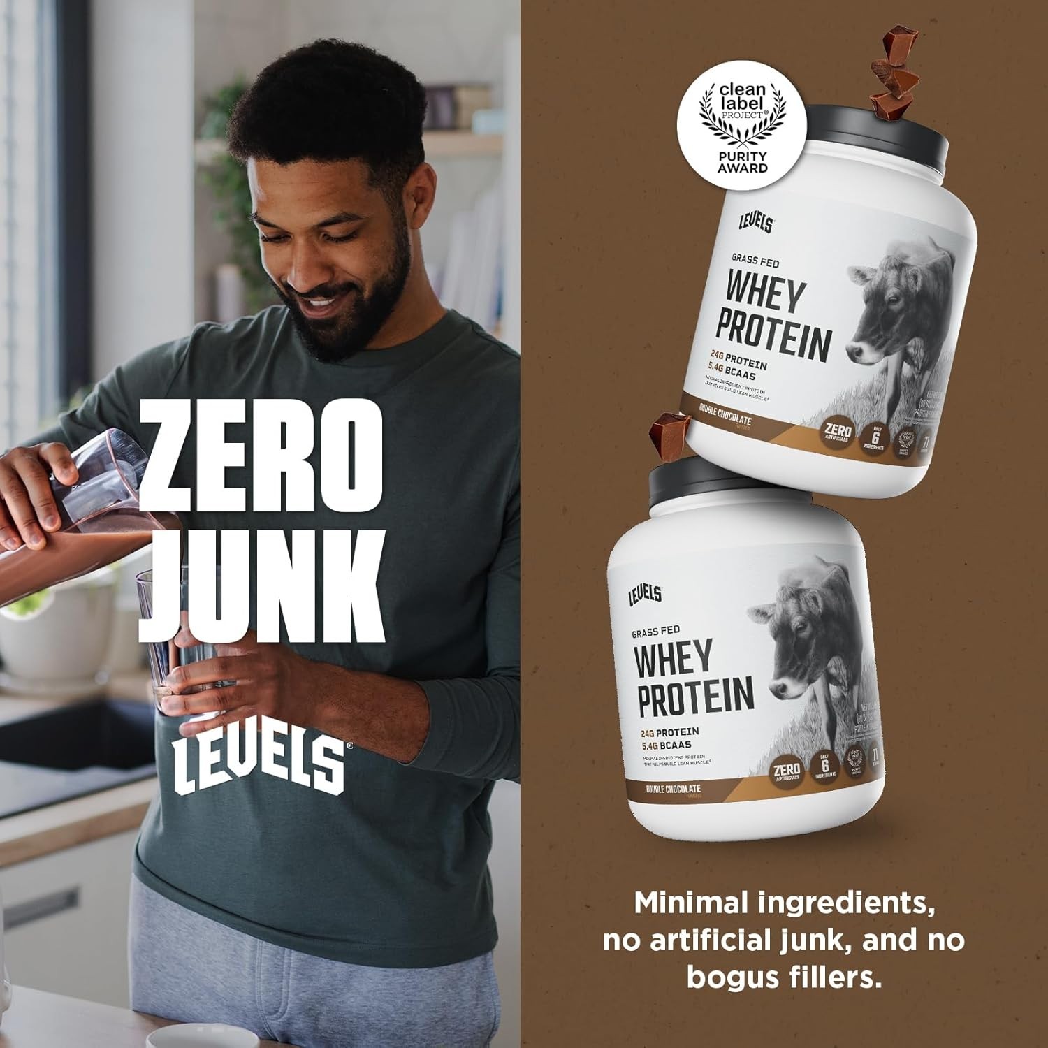 Levels Grass Fed Whey Protein Powder, No Artificials, 24G of Protein, Double Cho
