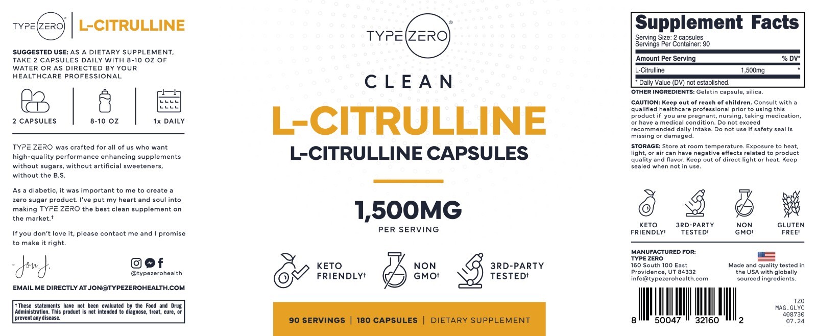 TypeZero L-Citrulline Capsules (180 capsules) (1500 mg per serving) – GMO-Free