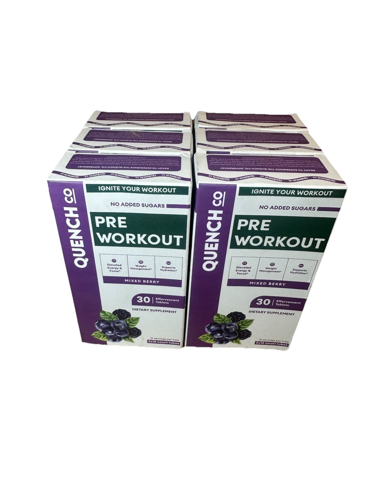 Quench Co Pre-Workout Mixed Berry – 6 Boxes (30 Tabs Each) – 180 Tabs 04/2026