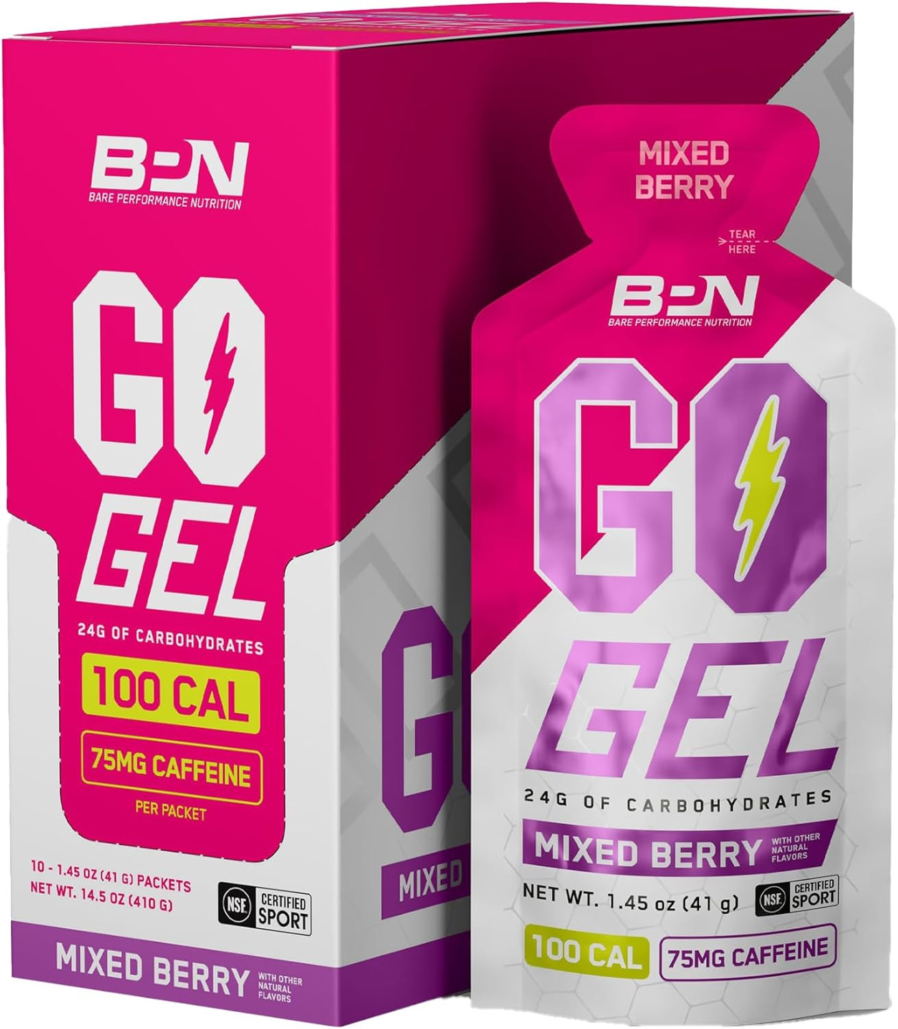 BPN Go Gel Endurance Caffeinated Mixed Berry 10 Packs 24g Carbs 100 Calories