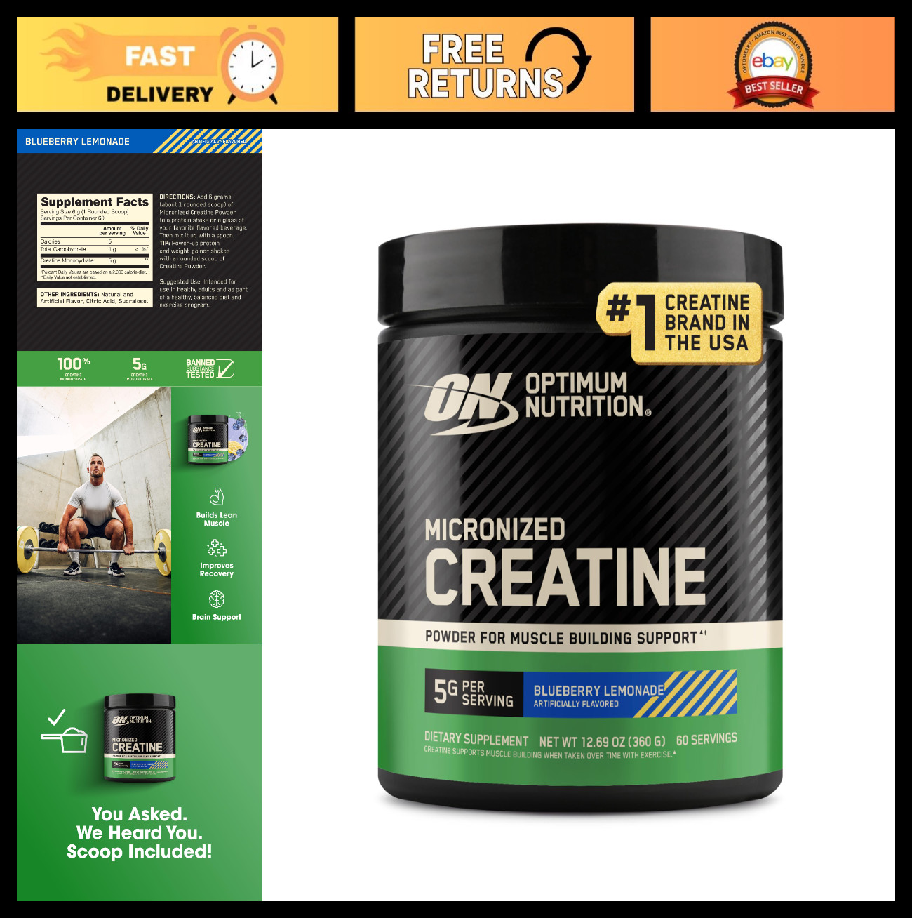 Micronized Creatine Monohydrate Powder – Blueberry Lemonade Flavor, 60 Servings,