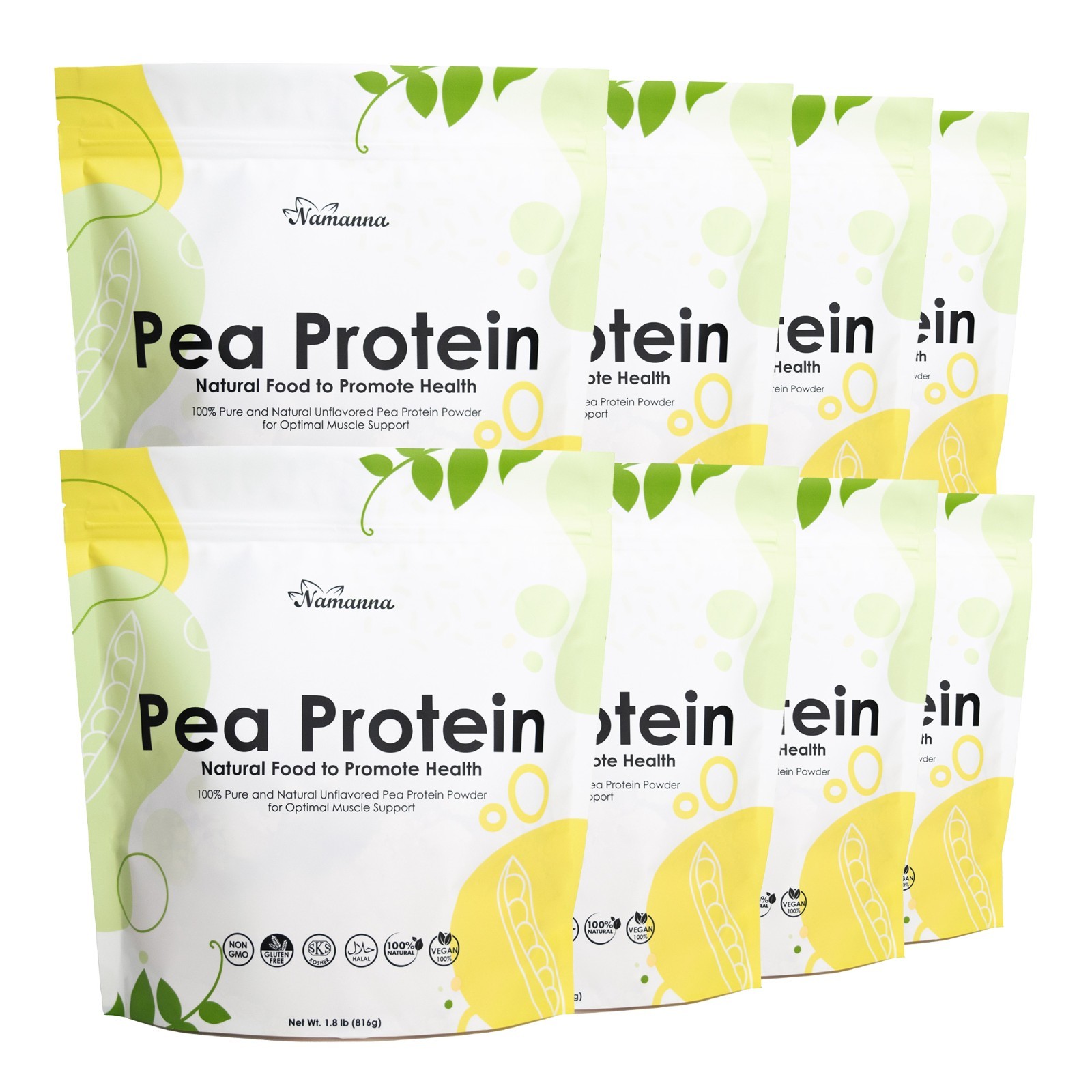 100% Pure Pea Protein Powder, 80% Protein Content, Unflavored, Vegan-1.8lbx8