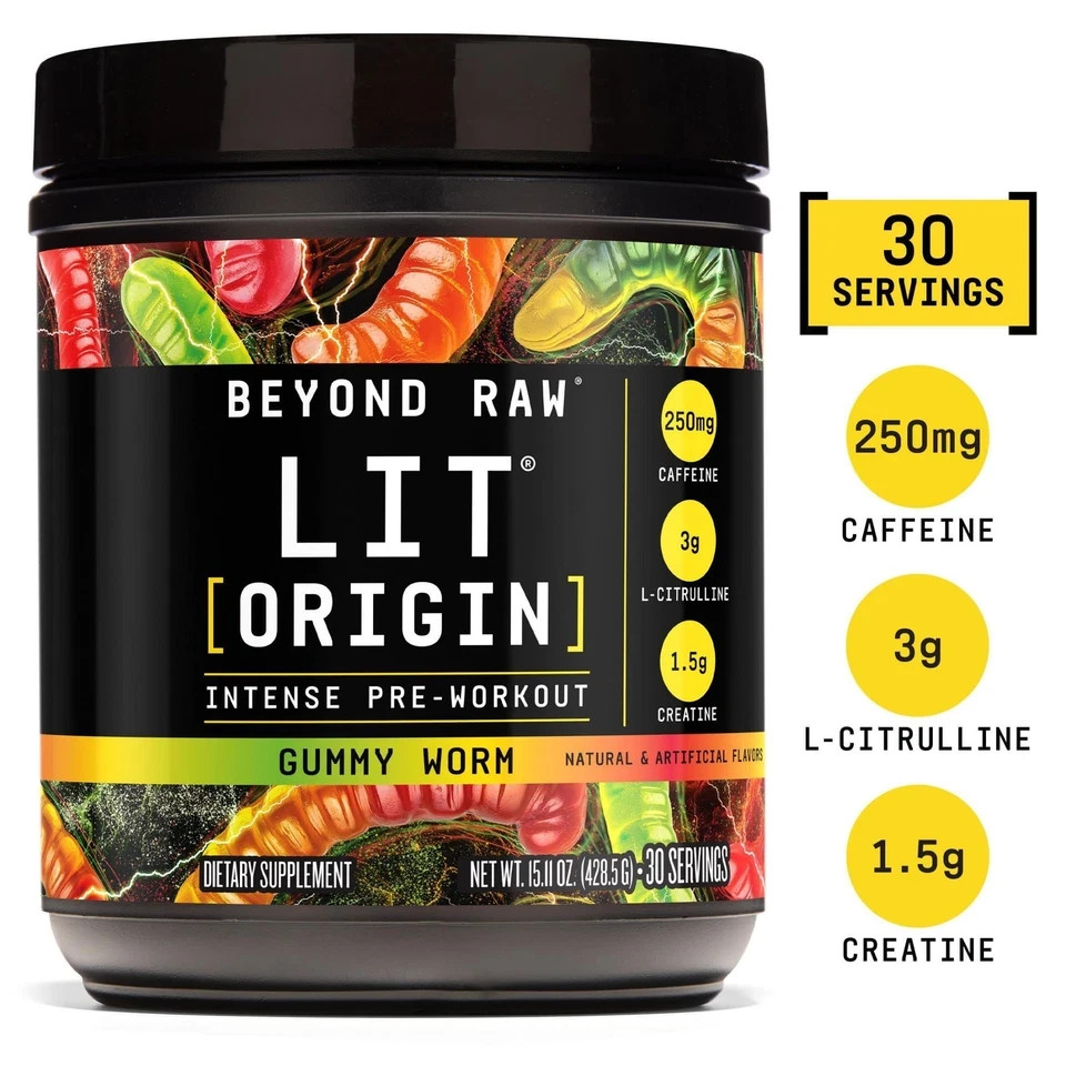 Beyond Raw LIT Origin Pre Workout Powder, Gummy Worm, for Men & Women, Energy