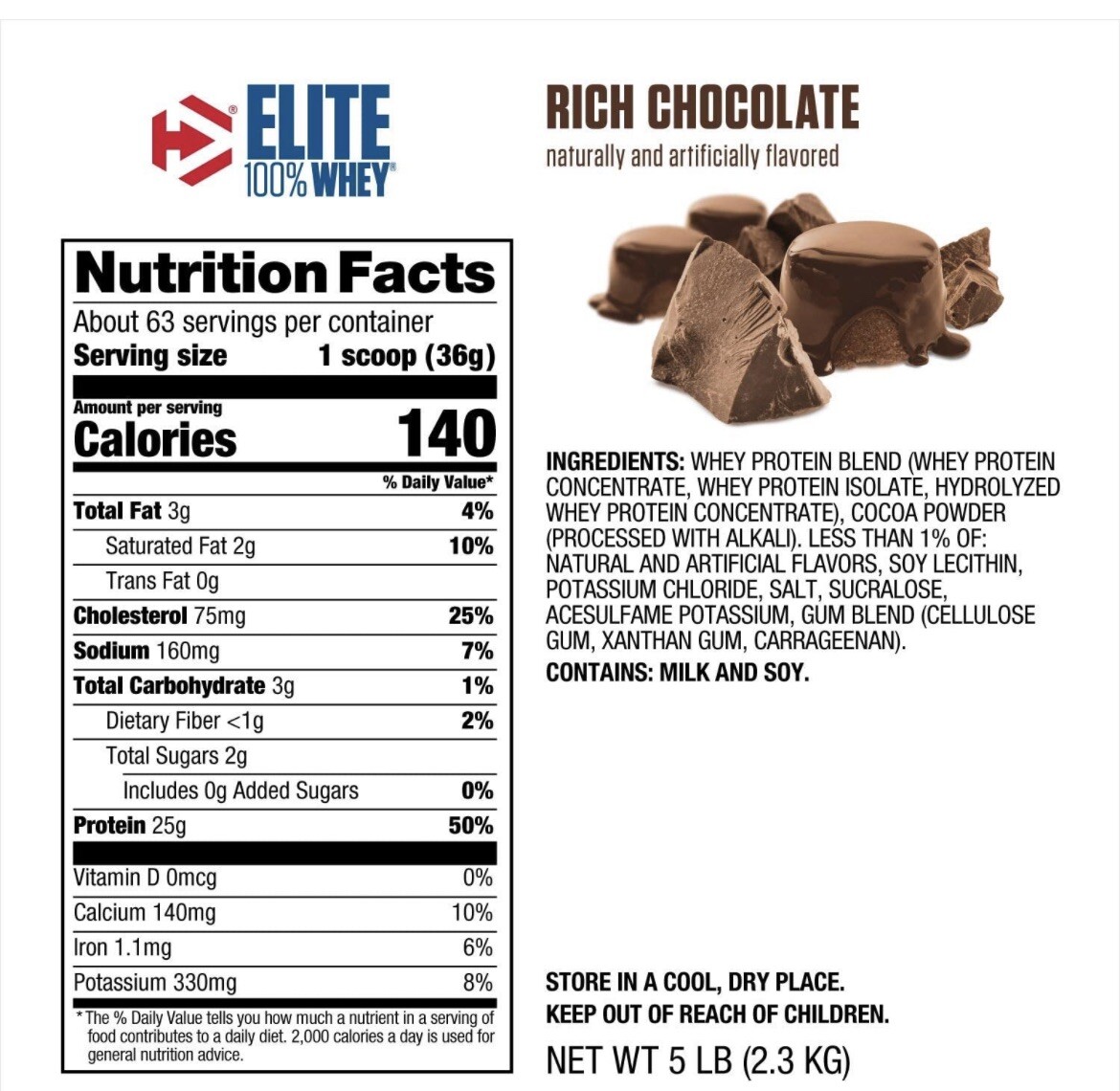 Dymatize Elite 100% Whey Protein Powder, 25g Protein, 5.5g Rich Chocolate