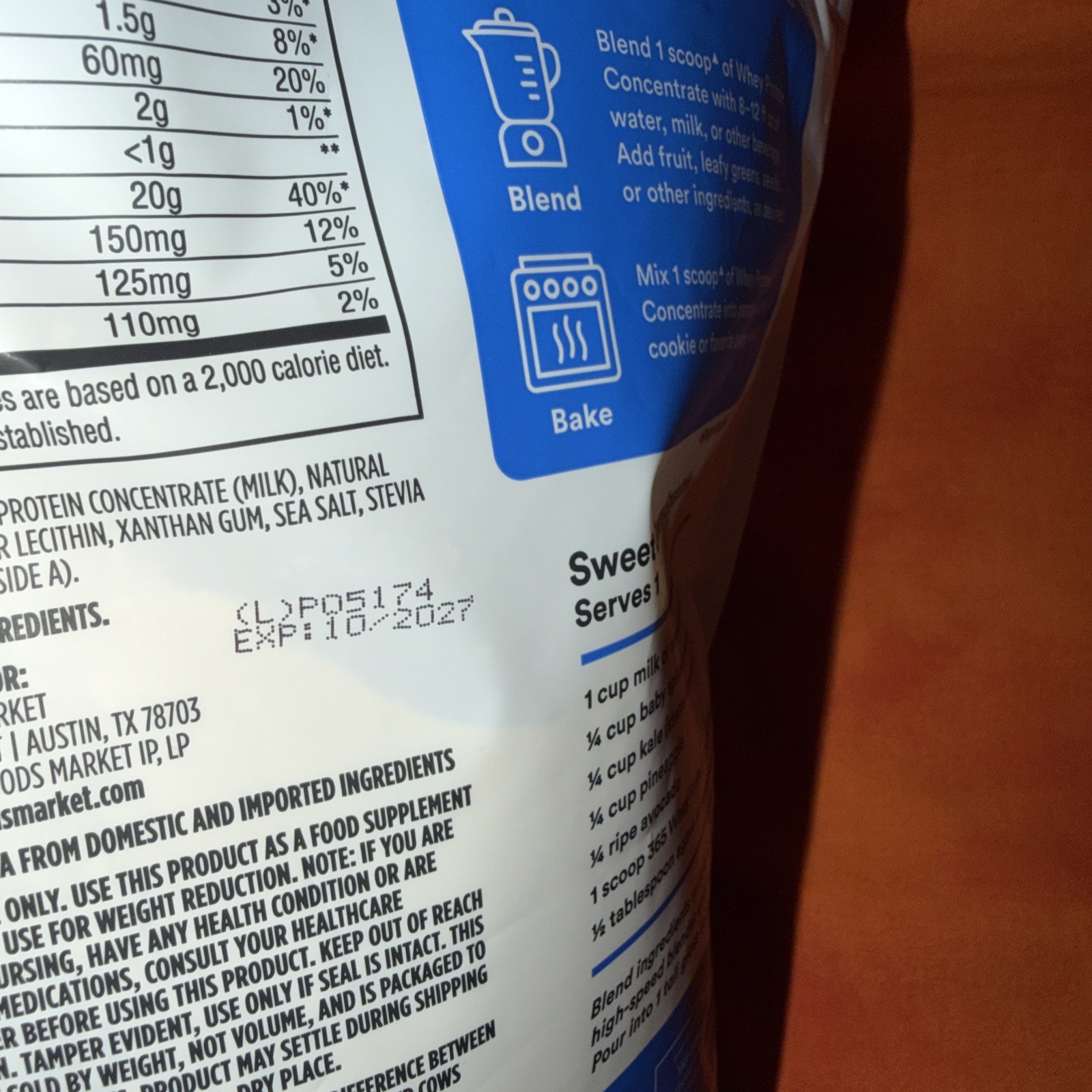 365 Whole Foods Market Whey Protein Concentrate Vanilla 16oz Exp 10/27